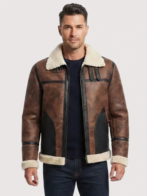 The American Wear Men’s Sheepskin Shearling B3 Tan Brown Leather Jacket