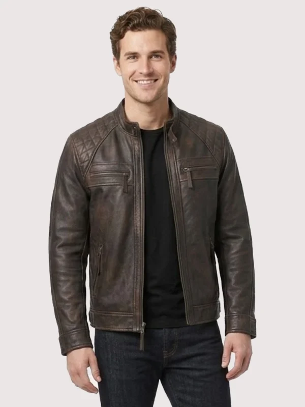 The American Wear Quilted Distressed Brown Leather Jacket For Mens