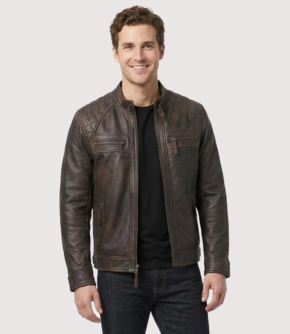 The American Wear Quilted Brown Distressed Leather Jacket