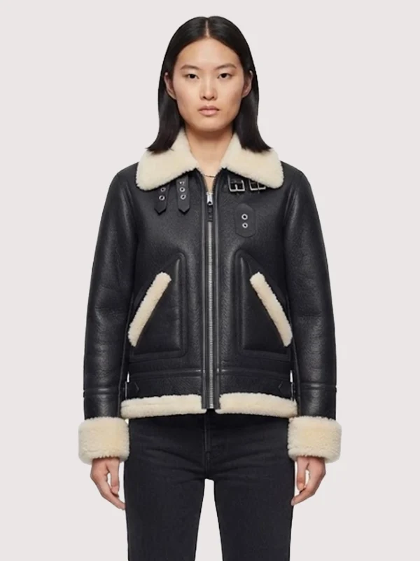 The American Wear Black Aviator Shearling Leather Jacket For Womens