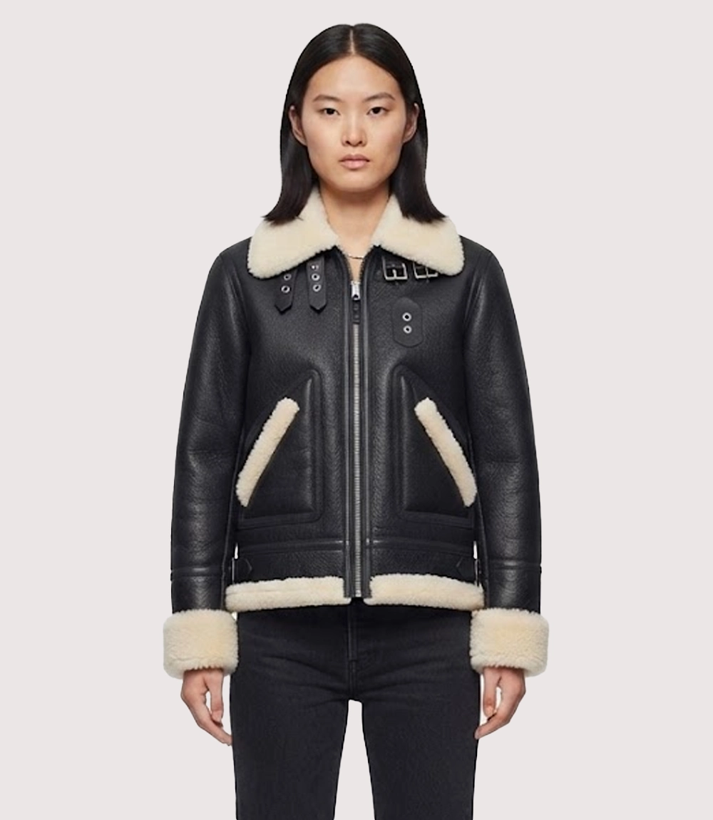Womens Black Aviator Shearling Leather Jacket