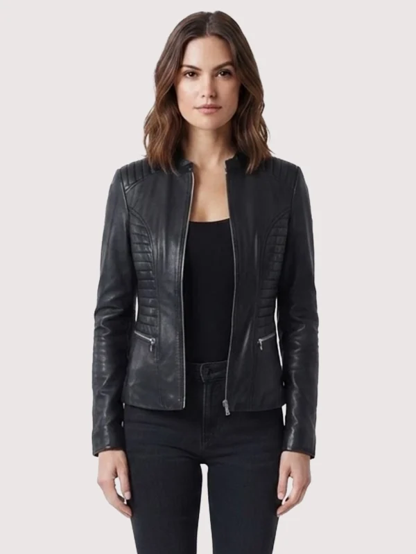 The American Wear Black Padded Cafe Racer Leather Jacket For Womens