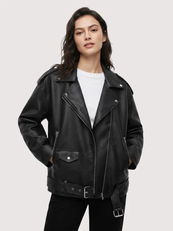 The American Wear Oversized Black Faux Leather Motorcycle Jacket For Womens
