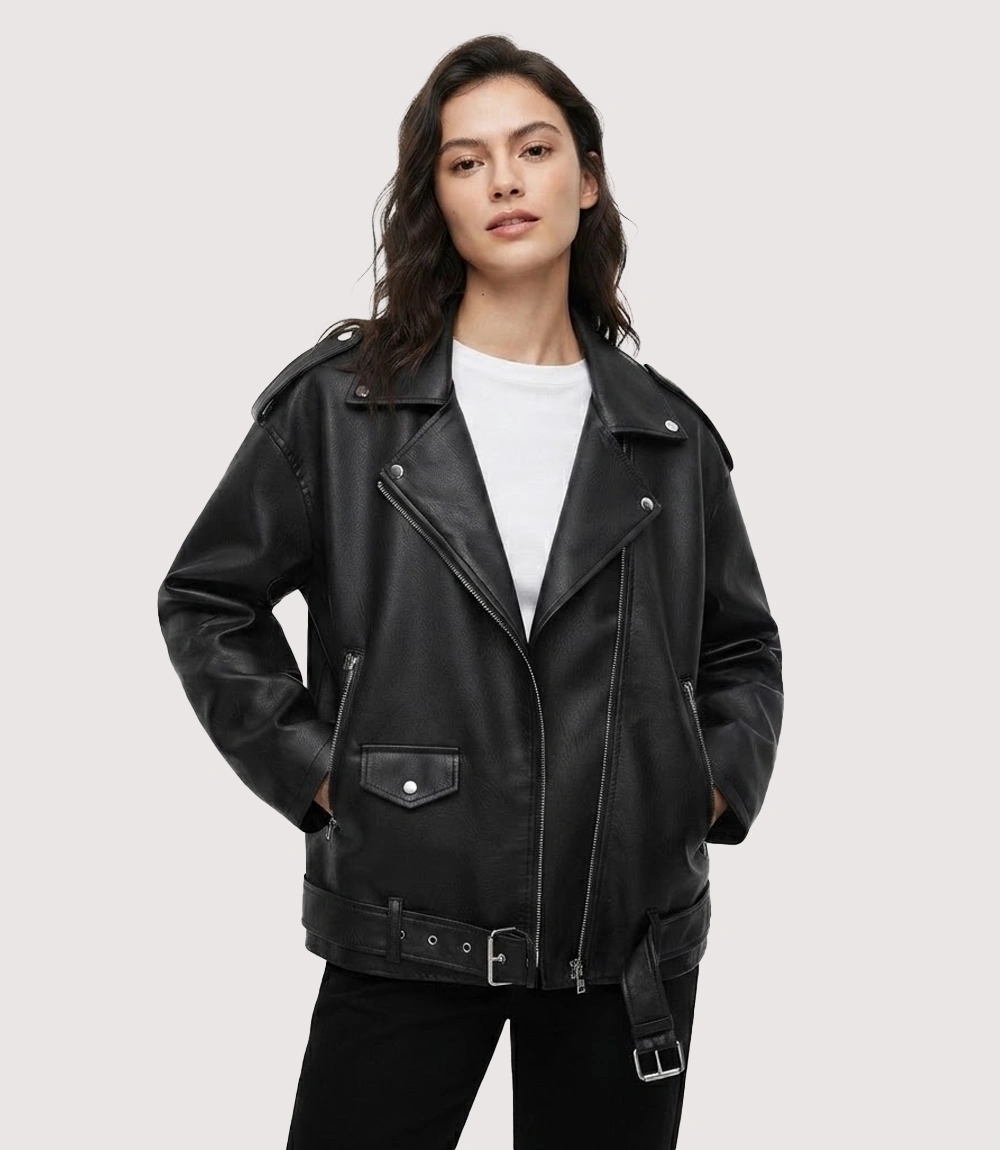 Womens Oversized Motorcycle Leather Black Jacket